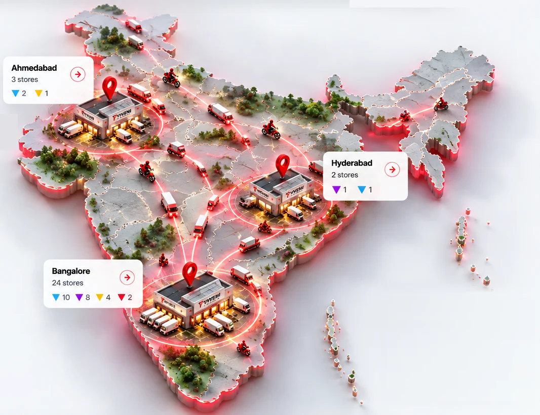 3D map of India showing Triveni dark stores in Ahmedabad, Hyderabad and Bangalore connected by delivery routes